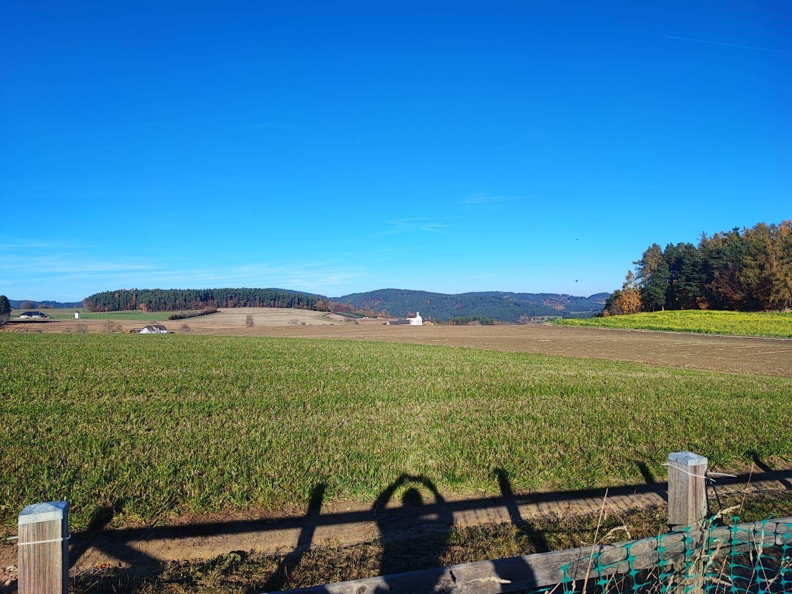 Weite Felder und bewaldete Hügel unter strahlend blauem Himmel, mit Blick auf die Landschaft.
