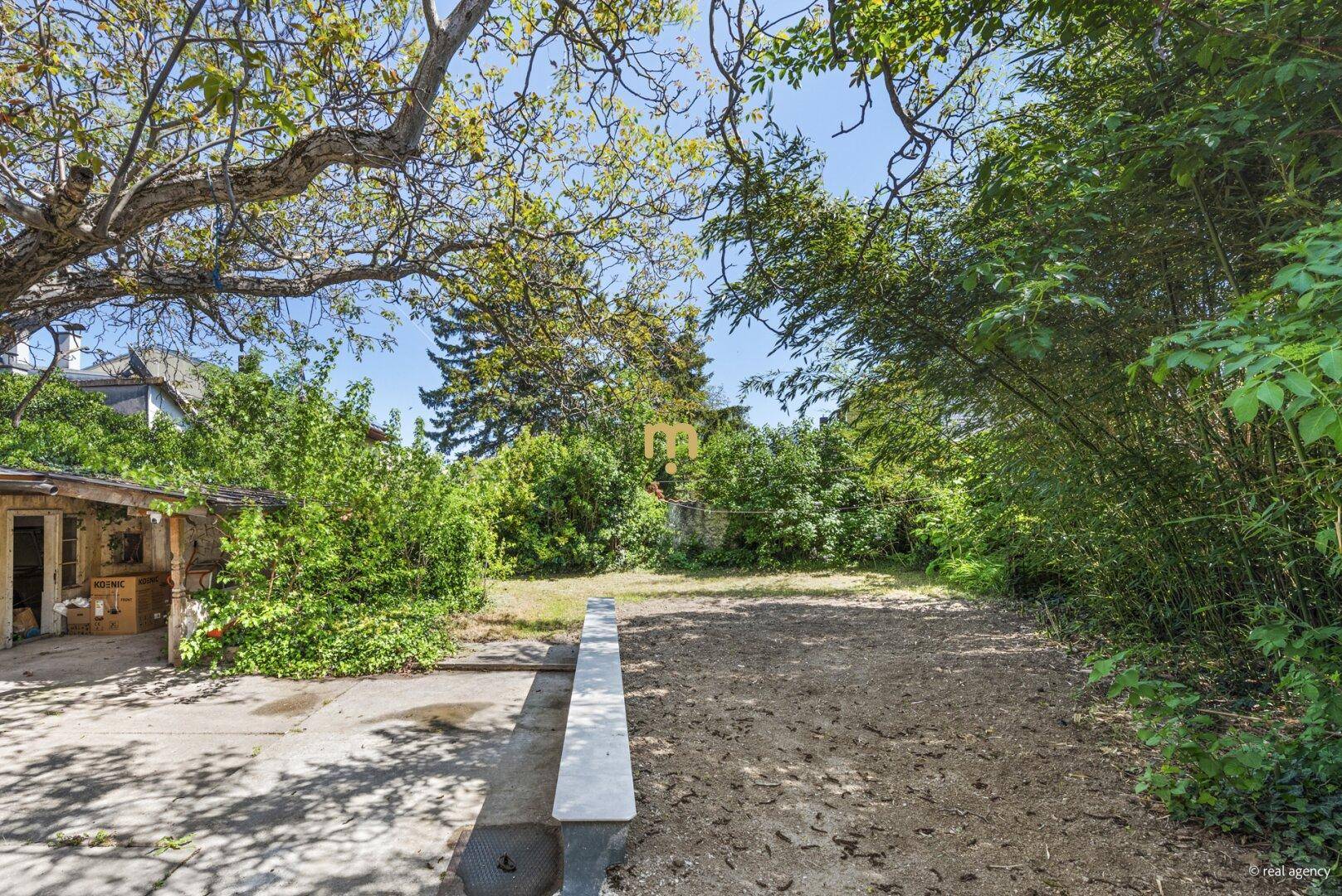Großer, naturbelassener Gartenbereich mit altem Baumbestand und viel Grünfläche.