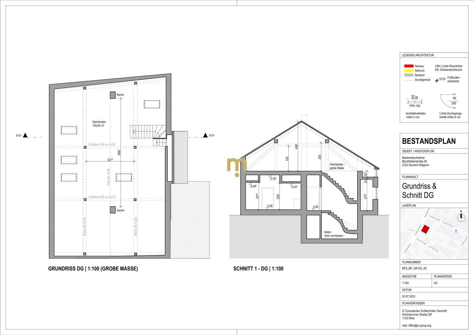 Grundriss und Schnitt des Dachgeschosses mit Potenzial für Ausbau.