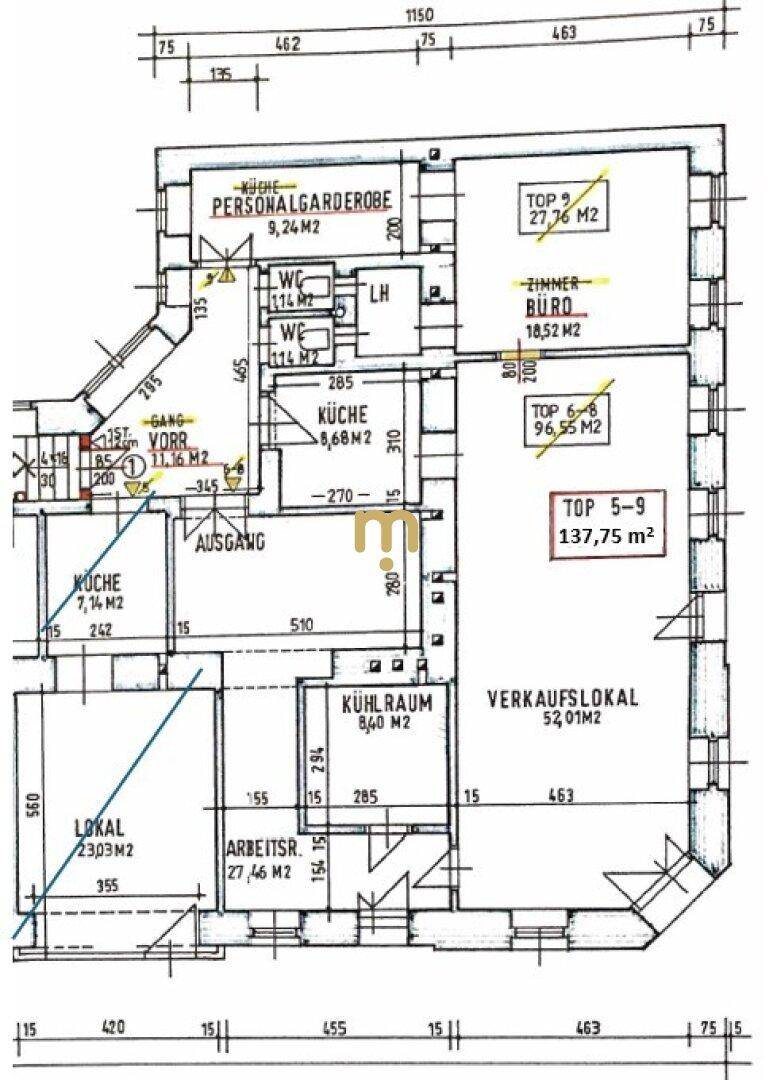 Detaillierter Grundriss mit verschiedenen Räumen, Flächenangaben und Abmessungen.