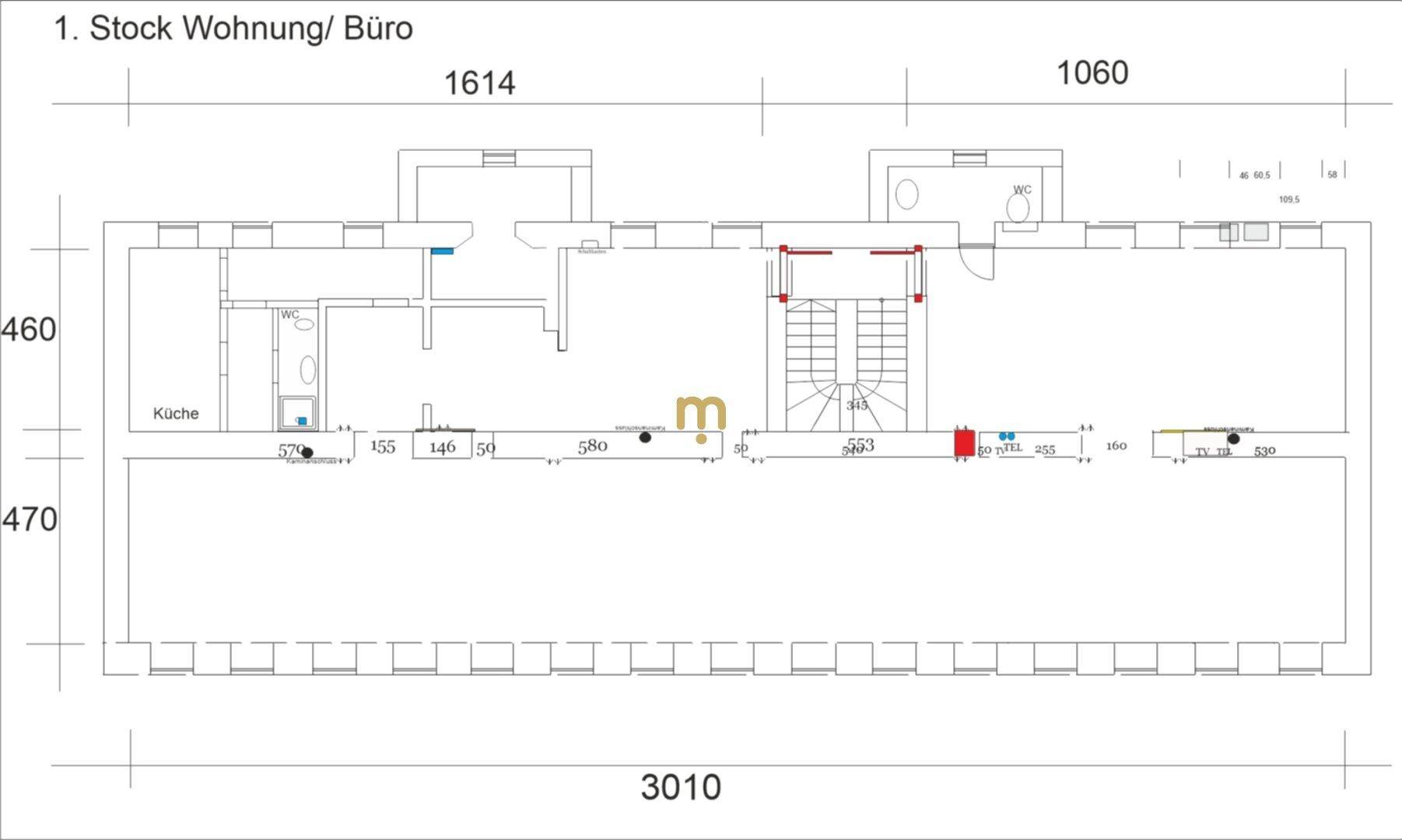 Grundriss des ersten Stocks mit Küche und Bürobereichen.