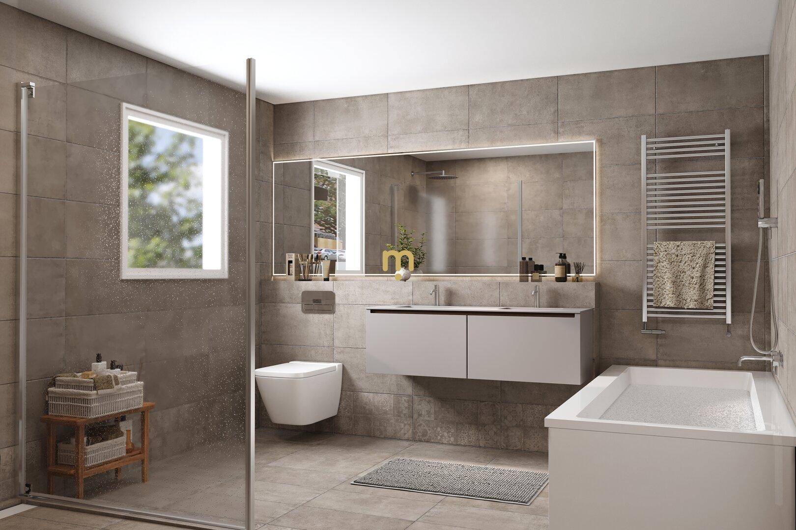 Modernes Badezimmer mit großen grauen Fliesen, Doppelwaschbecken, begehbarer Dusche und Badewanne.