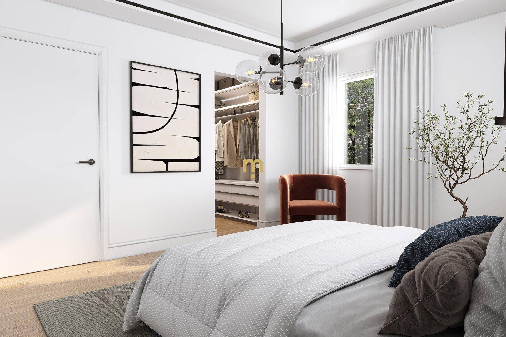 Helles Schlafzimmer mit modernem Design, Holzboden und direktem Zugang zu einem begehbaren Kleiderschrank.