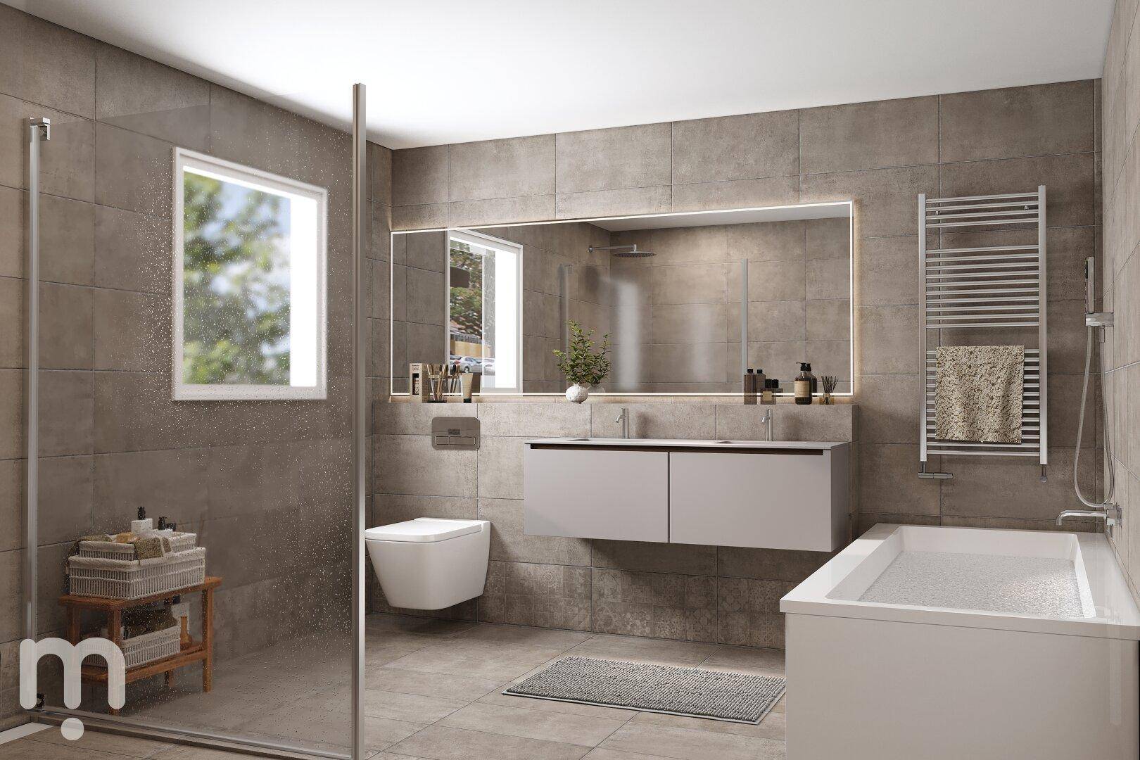 Modernes Badezimmer mit grauen Fliesen, begehbarer Dusche, Badewanne und Doppelwaschbecken.