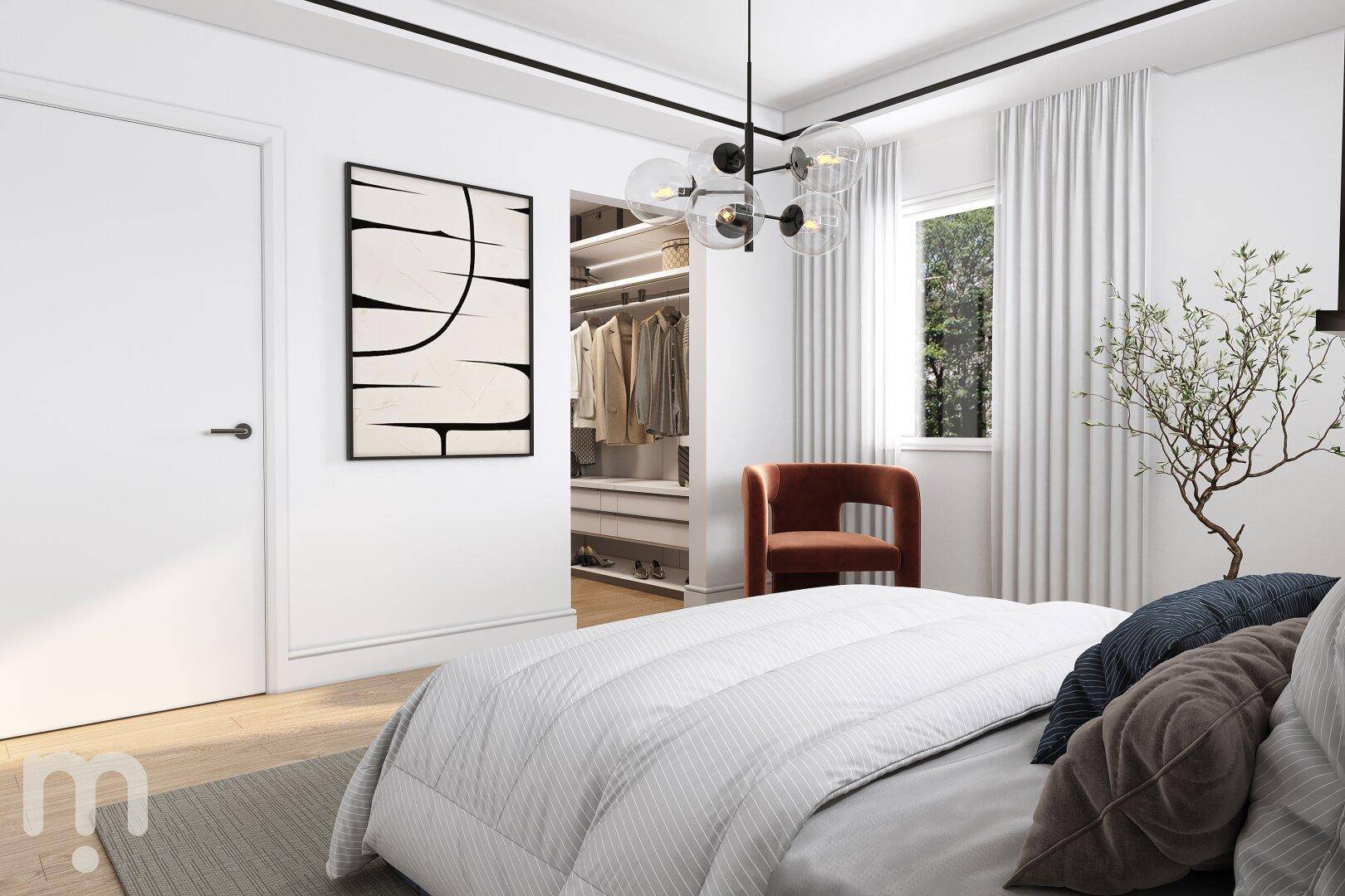 Helles Schlafzimmer mit modernem Design, Holzboden und integriertem begehbarem Kleiderschrank.
