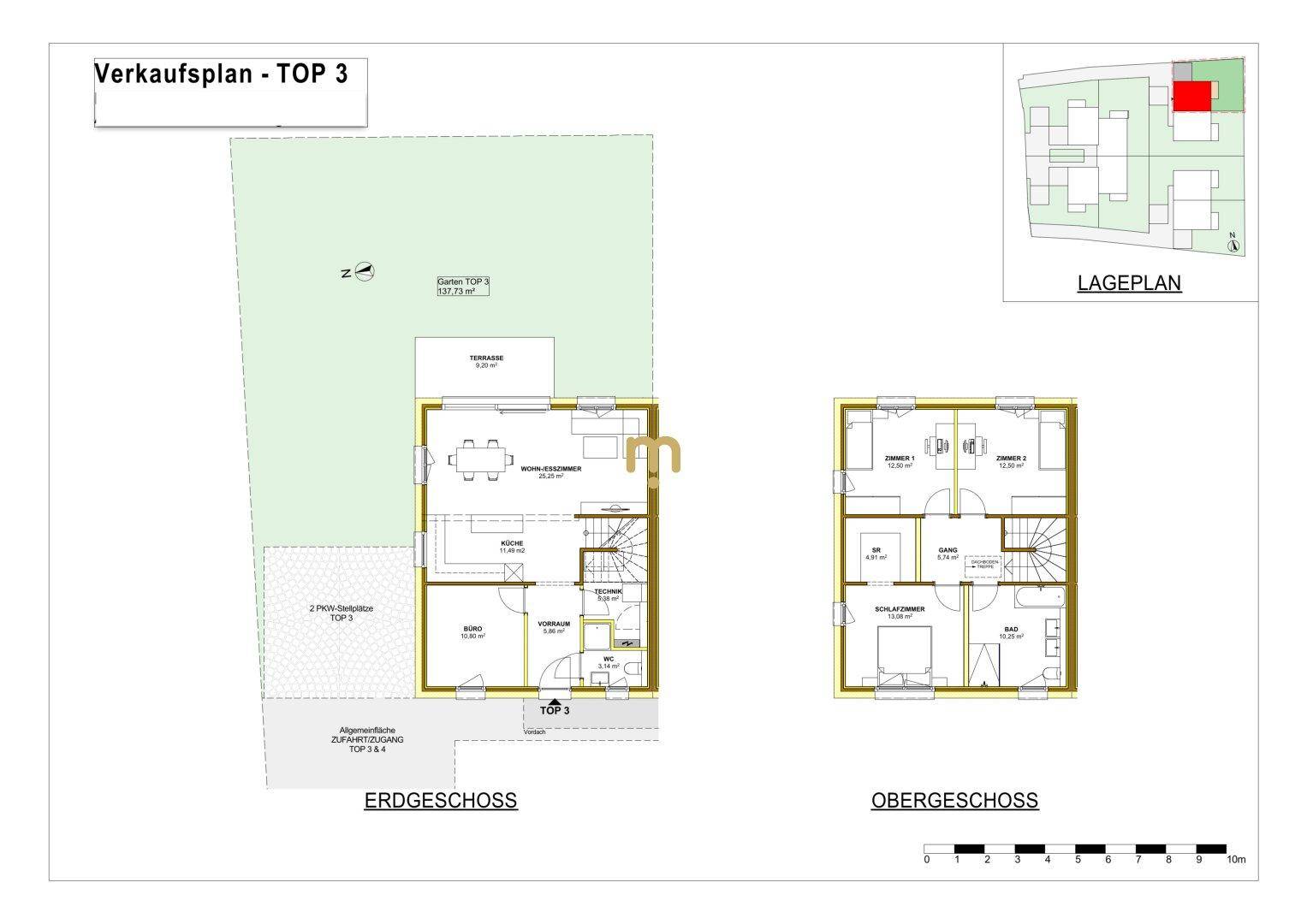 Grundrissplan für Erd- und Obergeschoss mit Garten und Terrasse.