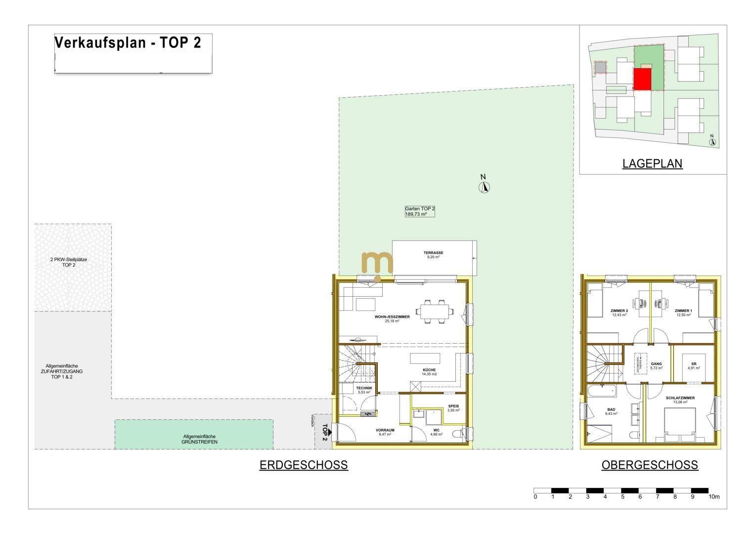 Grundriss für TOP 2 mit Erdgeschoss, Obergeschoss, großem Garten und Terrasse.