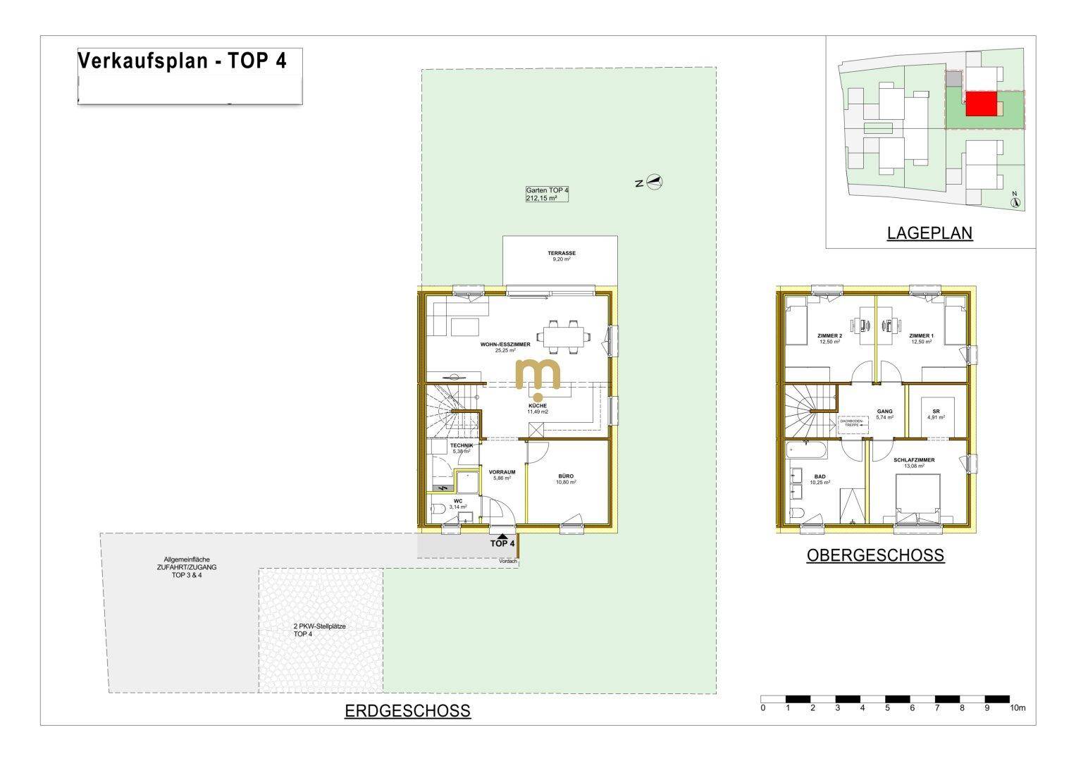 Grundriss für TOP 4 mit Erdgeschoss, Obergeschoss, Garten und Terrasse.