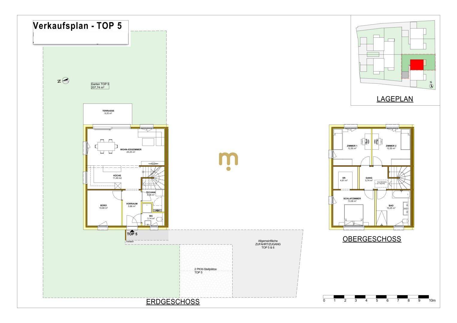 Grundriss für TOP 5 mit Erdgeschoss, Obergeschoss, großem Garten und Terrasse.