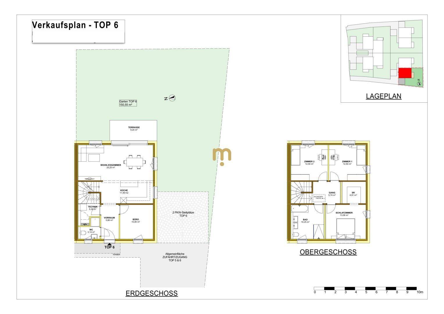 Grundriss für TOP 6 mit Erdgeschoss, Obergeschoss, Garten und Terrasse.