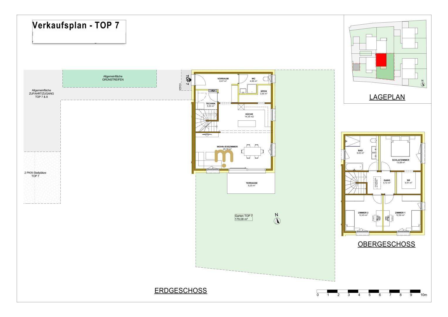 Grundriss für TOP 7 mit Erdgeschoss, Obergeschoss, Garten und Terrasse.