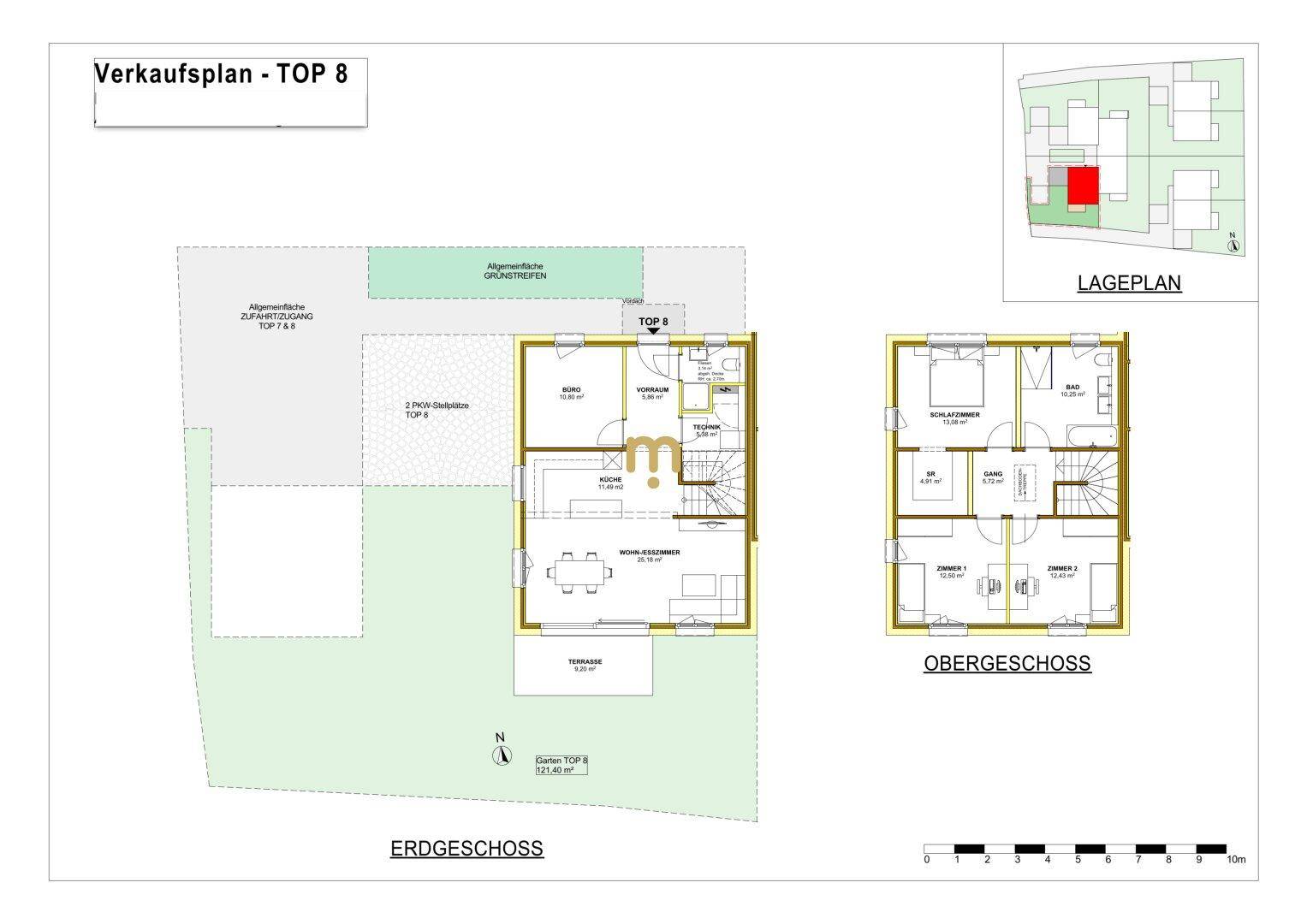 Grundriss für TOP 8 mit Erdgeschoss, Obergeschoss, Garten und Terrasse.