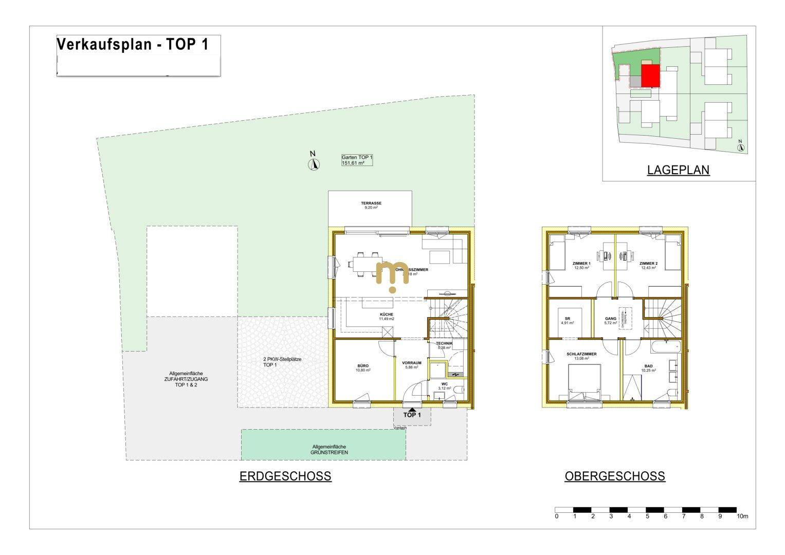 Grundriss für TOP 1 mit Erdgeschoss, Obergeschoss, Garten und Terrasse.