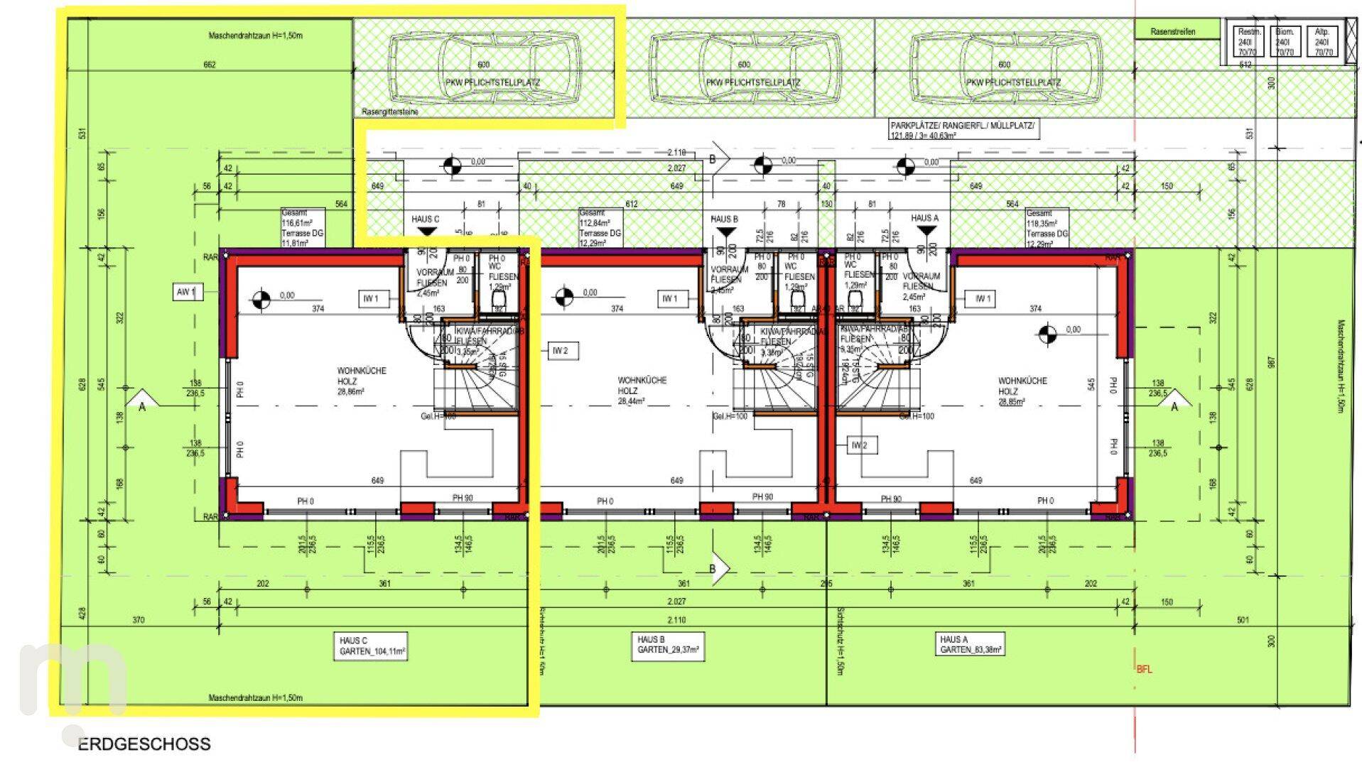 Grundriss des Erdgeschosses mit Wohnbereich, Küche und Zugang zum Garten.