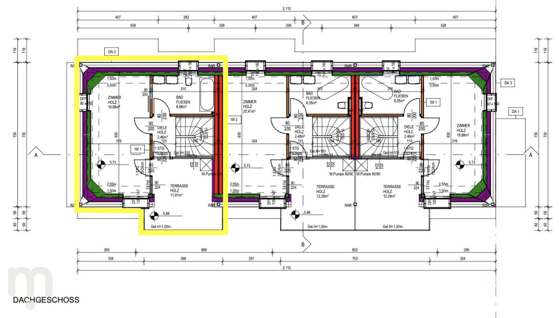 Grundriss des Dachgeschosses mit Schlafzimmer, Bad und Terrasse, inklusive Dachschrägen.