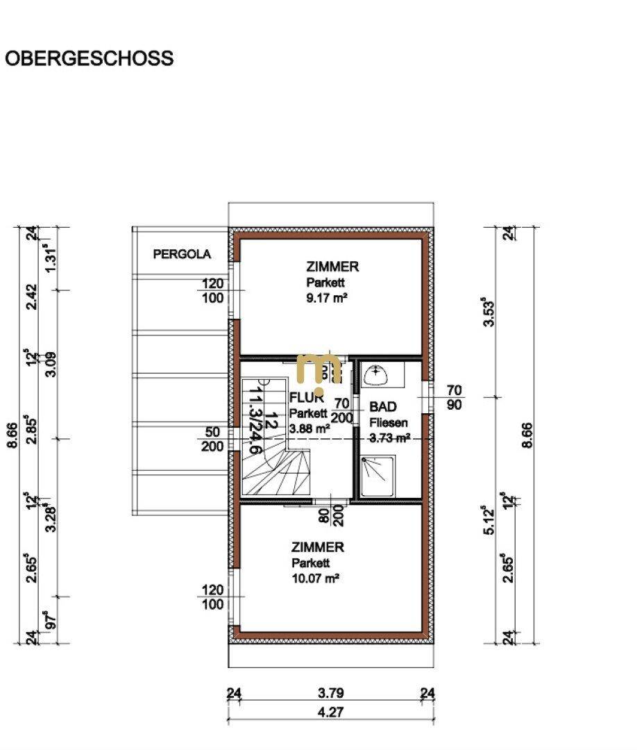 Grundriss des Obergeschosses mit zwei Zimmern, Bad und Pergola.