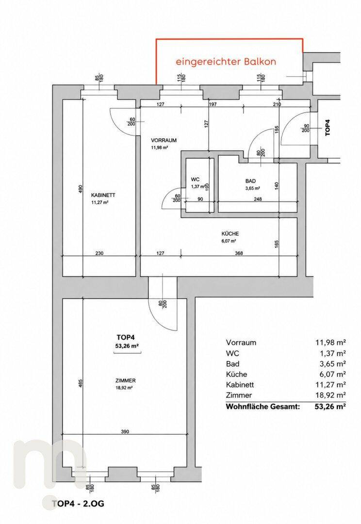 Grundriss der Wohnung TOP 4 im 2. Obergeschoss mit Balkon und Raumaufteilung.