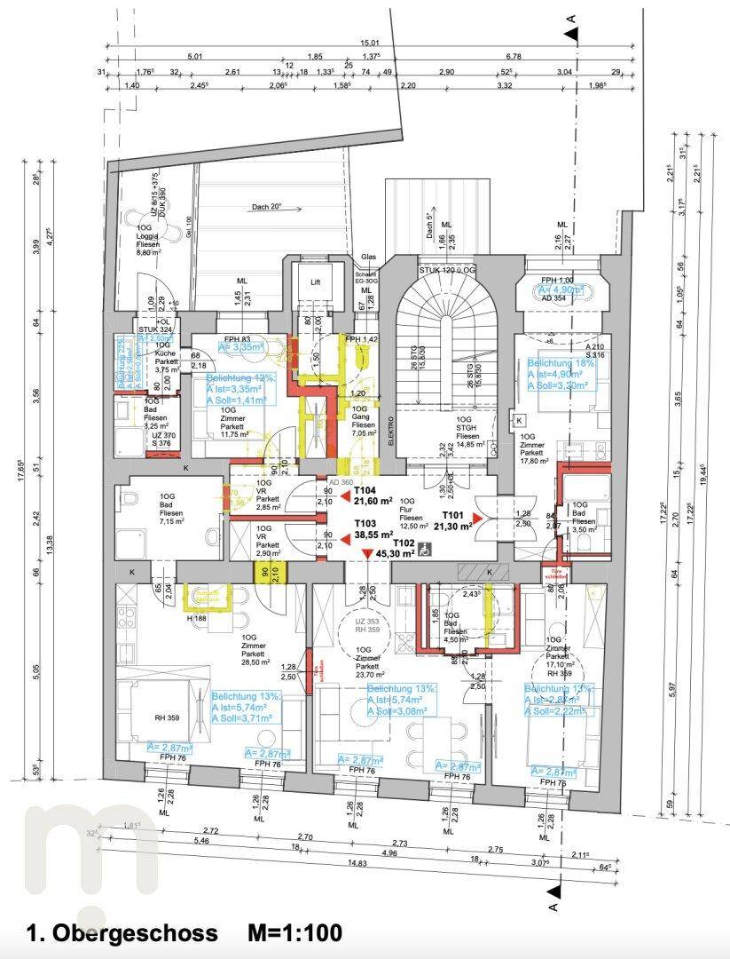 Grundriss des ersten Obergeschosses mit mehreren Wohnungen und einem zentralen Treppenhaus.