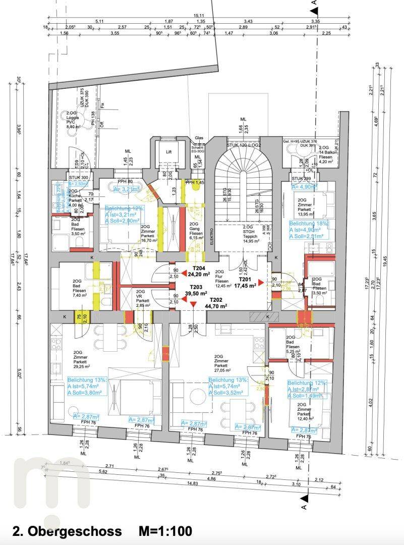 Grundriss des zweiten Obergeschosses mit mehreren Wohnungen und einem zentralen Treppenhaus.