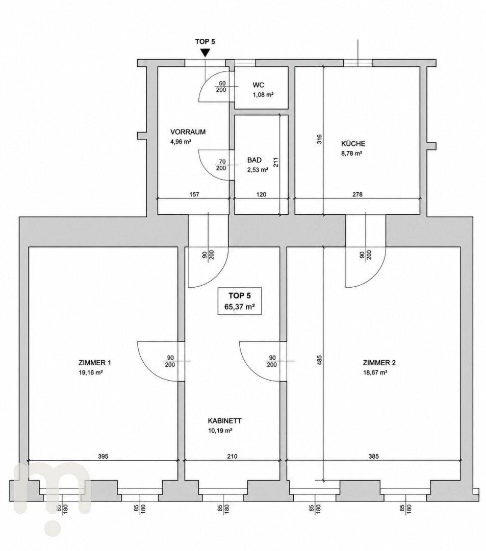 Grundriss der Wohnung mit drei Zimmern, Küche, Bad und separatem WC.