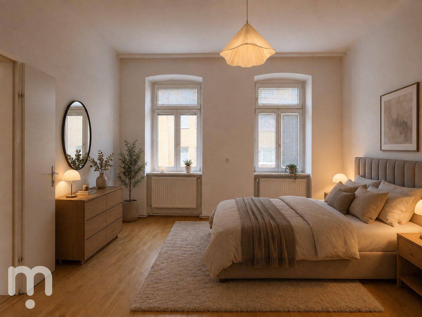Gemütliches Schlafzimmer mit Parkettboden, Doppelbett und zwei Fenstern für viel Tageslicht.