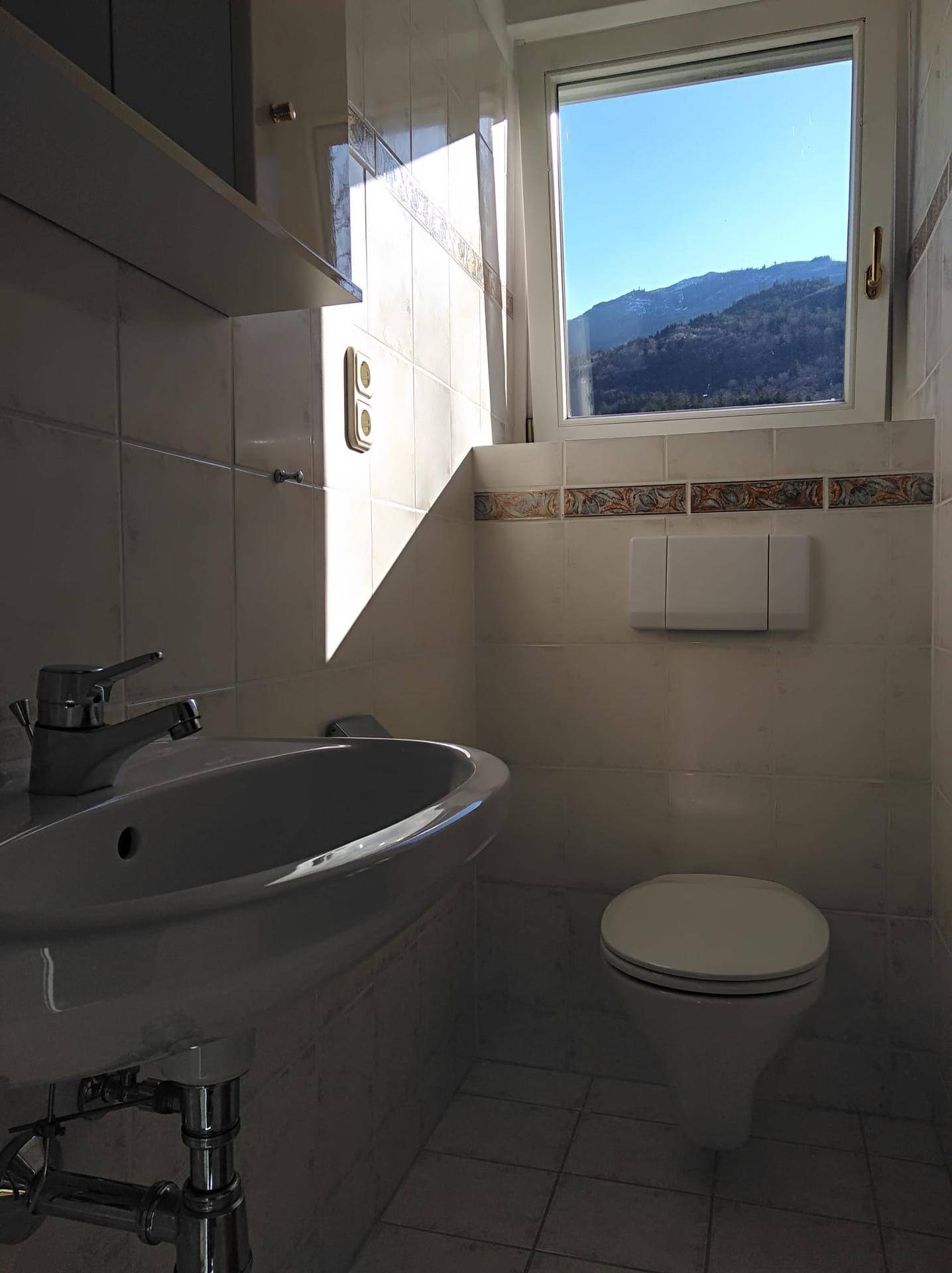 Badezimmer mit Waschbecken, WC und Fenster mit Bergblick, hell und freundlich.