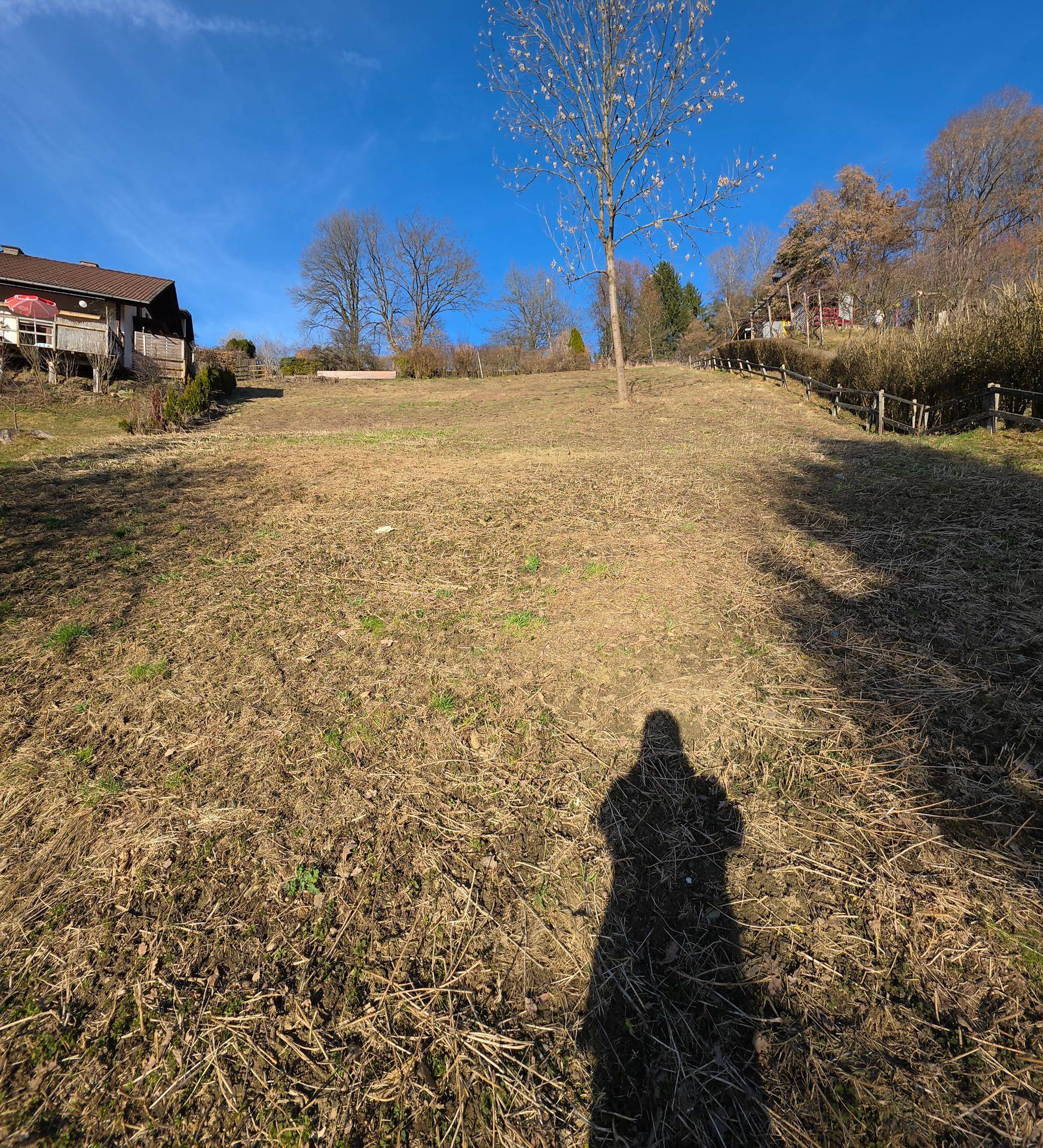 Großes, sonniges Grundstück mit leichter Hanglage und Blick auf umliegende Häuser und Bäume.
