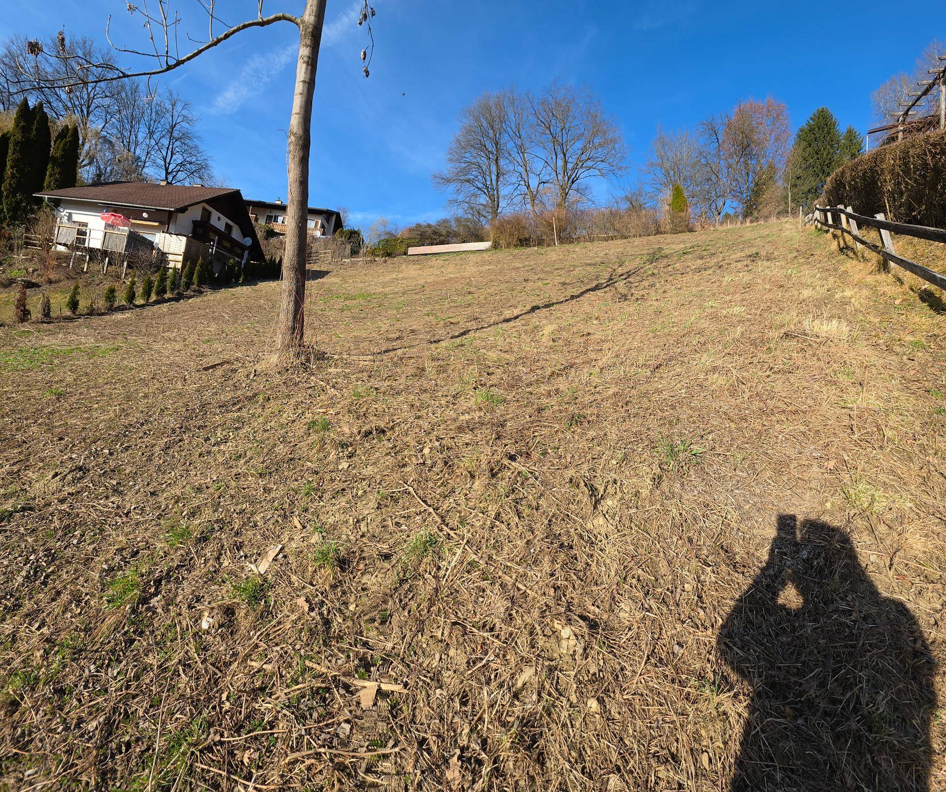 Sonniges, weitläufiges Grundstück mit leichter Neigung, umgeben von Bäumen und Häusern in der Ferne.