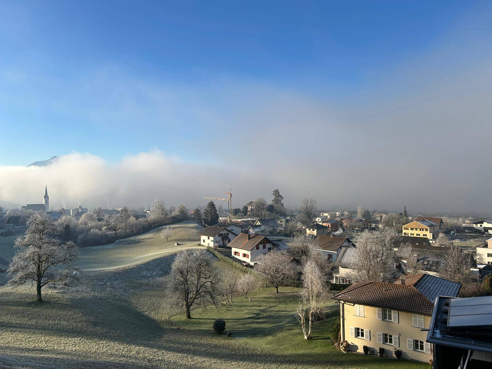 Winterlicher Morgen mit Nebel über dem Dorf, Raureif auf Bäumen und Häusern vor Bergpanorama.