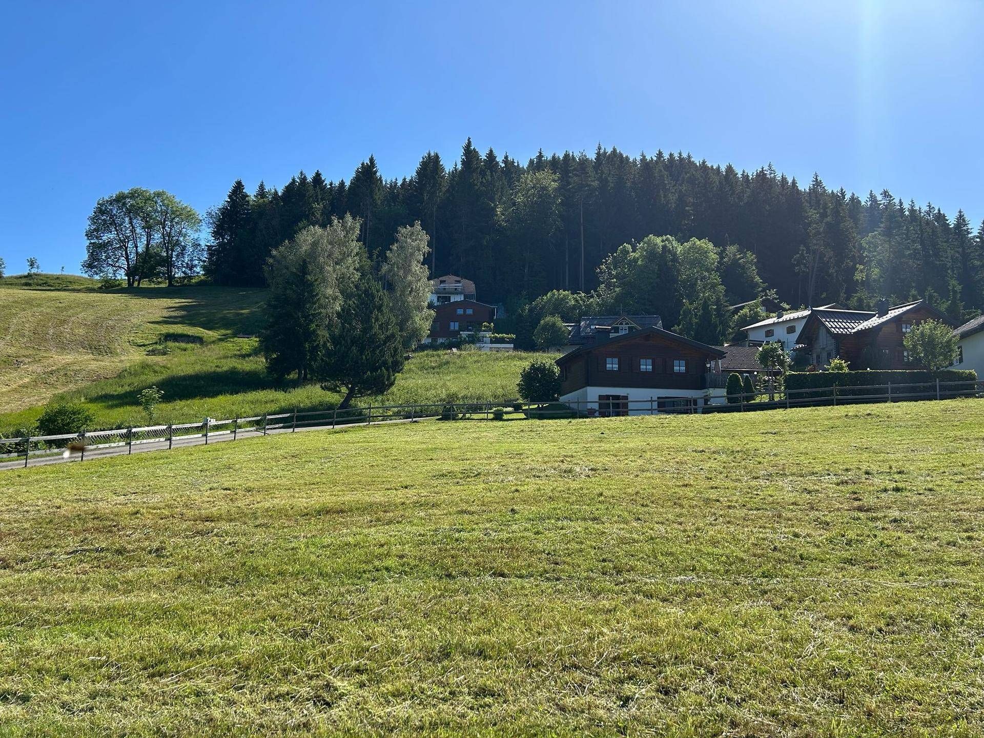 Idyllische Landschaft mit grüner Wiese, Holzzaun und mehreren Häusern am bewaldeten Hang.