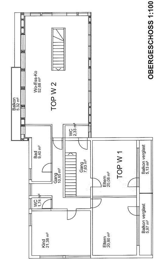 Grundriss des Obergeschosses mit Schlafzimmern, Bad, WC und Balkonen für zwei separate Wohneinheiten.