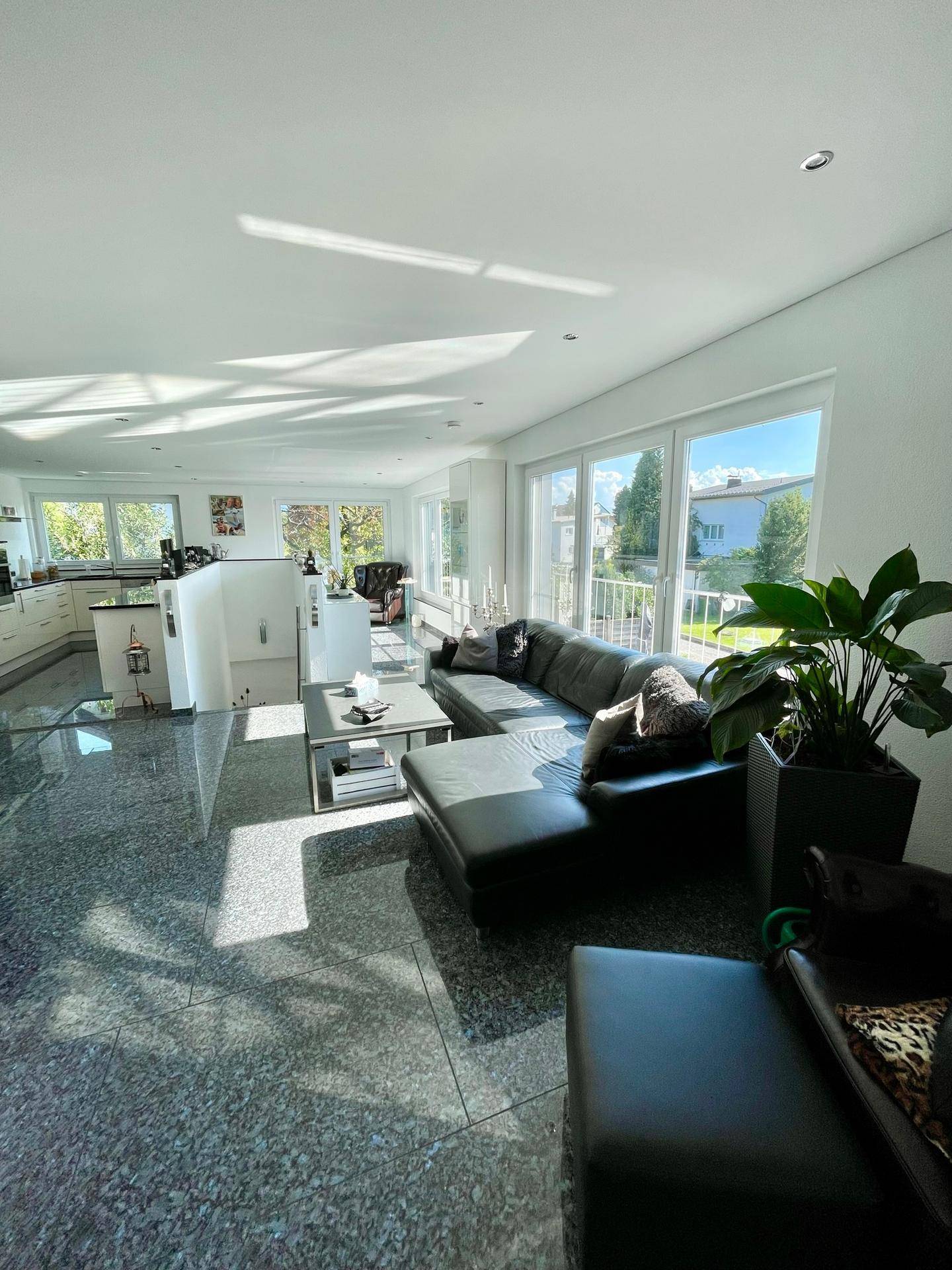 Heller, offener Wohnbereich mit großzügiger Couch, großen Fenstern und integrierter Küche im Hintergrund.