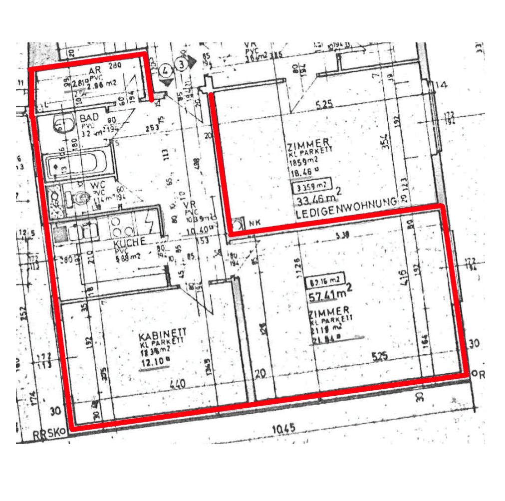 Grundriss einer Ledigenwohnung mit Bad, WC, Küche und zwei Zimmern.