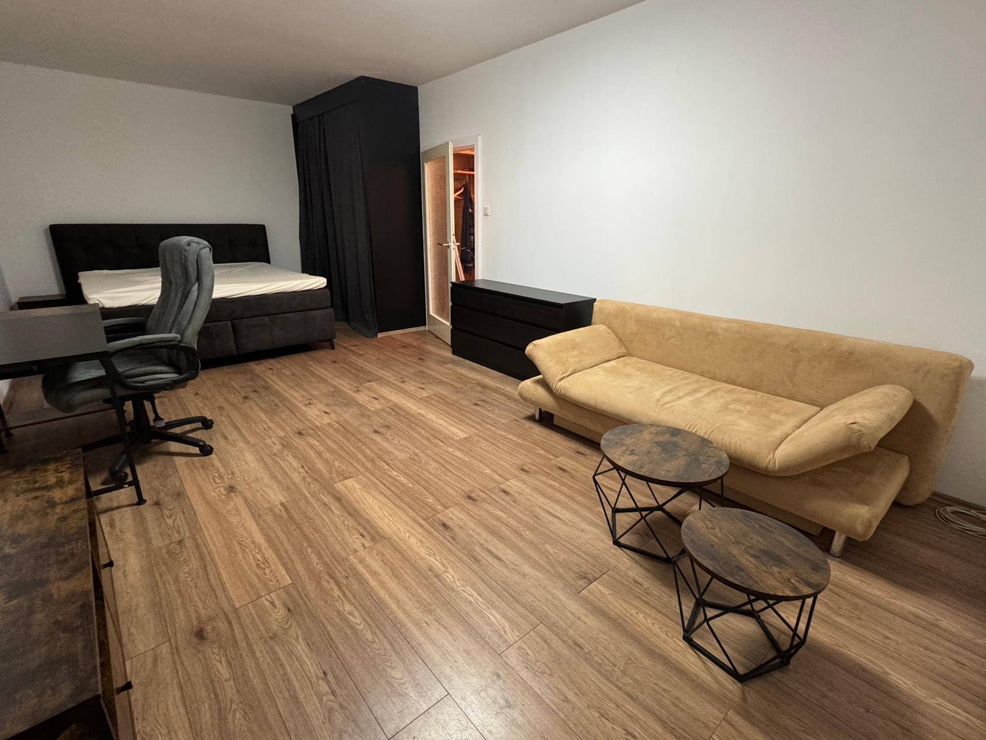 Kombinierter Wohn- und Schlafbereich mit Sofa, Bett, Schreibtisch und Laminatboden.