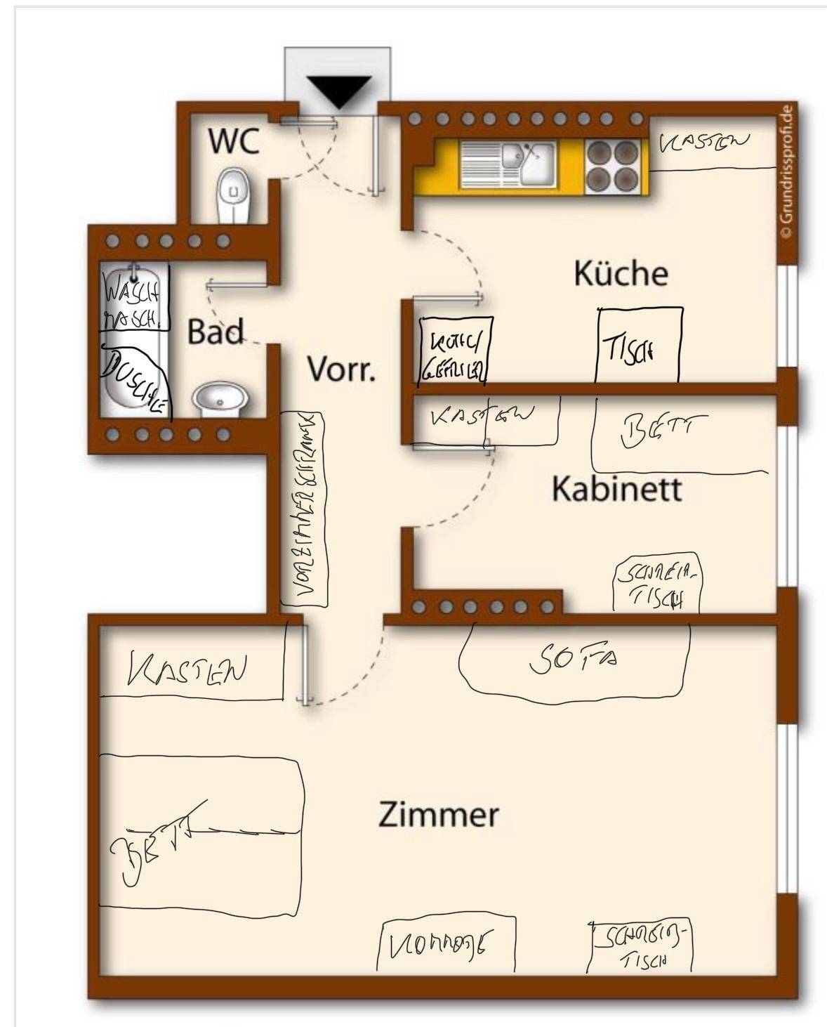 Detaillierter Grundriss einer Wohnung mit mehreren Zimmern, Bad, WC und Küche, inklusive Balkon.