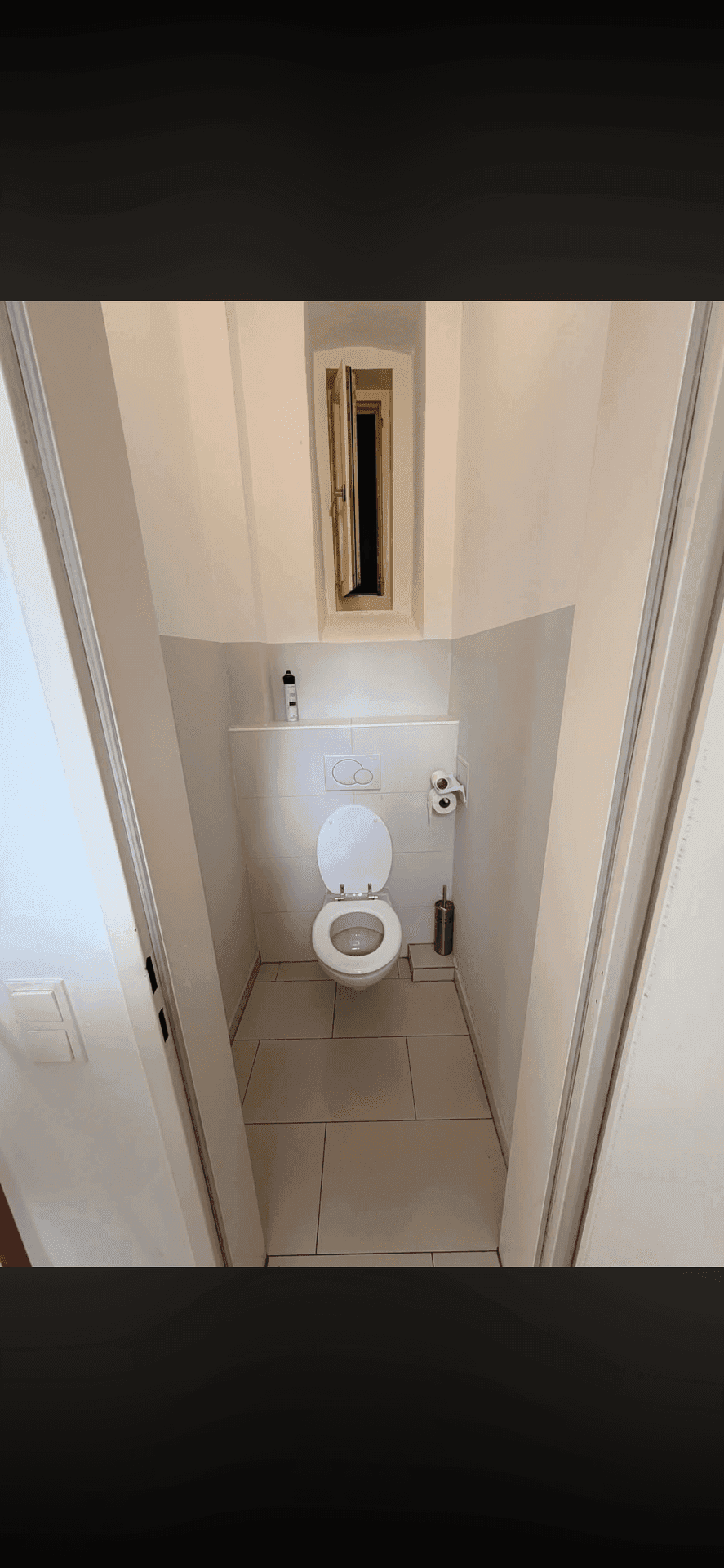 Kleines separates WC mit wandhängender Toilette und einem schmalen Fenster.