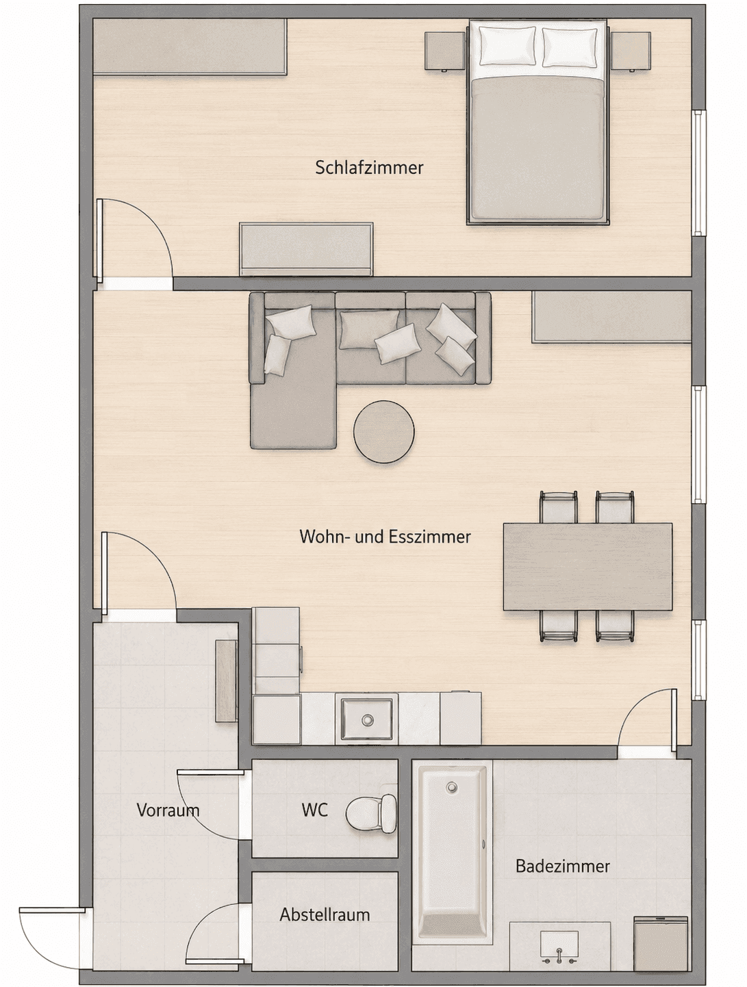 Grundriss einer Wohnung mit Schlafzimmer, Wohn-Esszimmer, Bad und separatem WC.