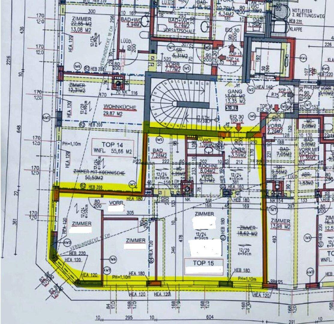 Detaillierter Grundriss einer Wohnung mit hervorgehobenen Bereichen und Raumaufteilung.