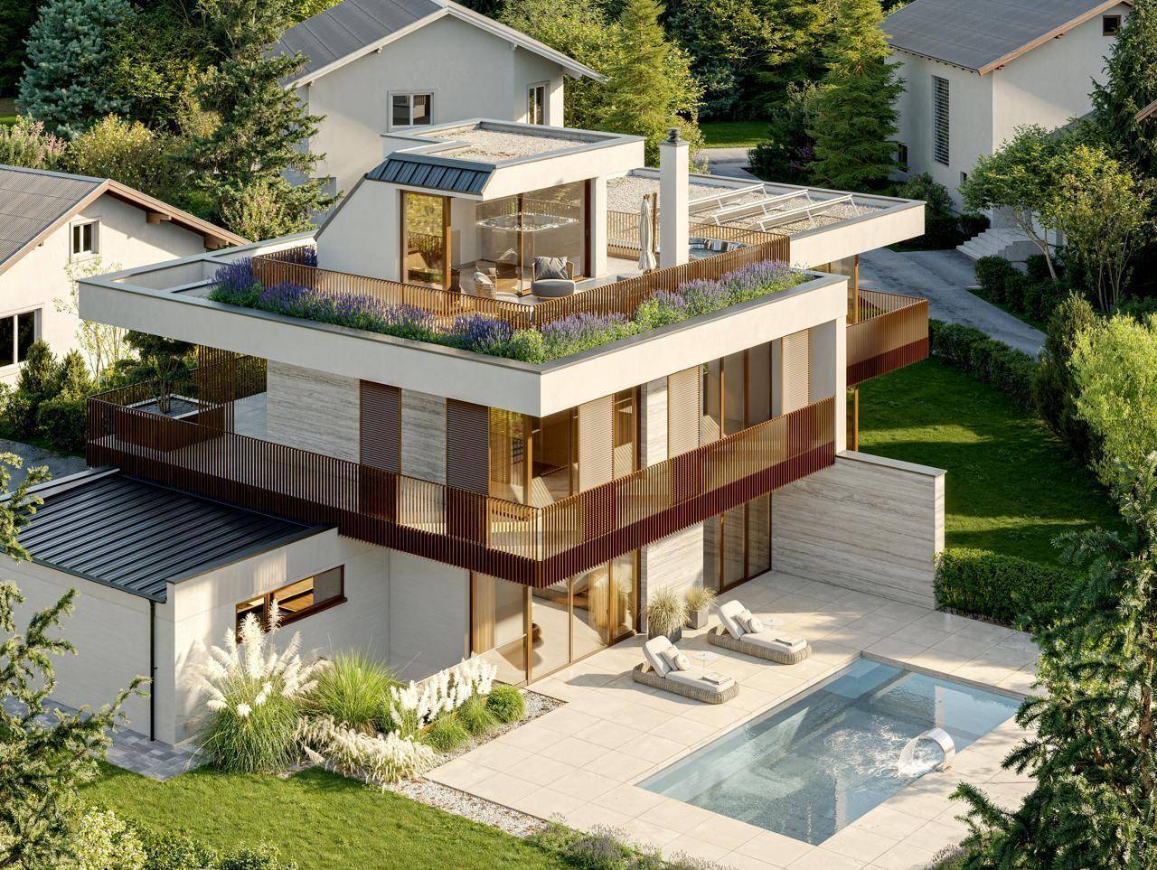 Luftaufnahme der modernen Villa mit Dachterrasse, Garten und privatem Swimmingpool.