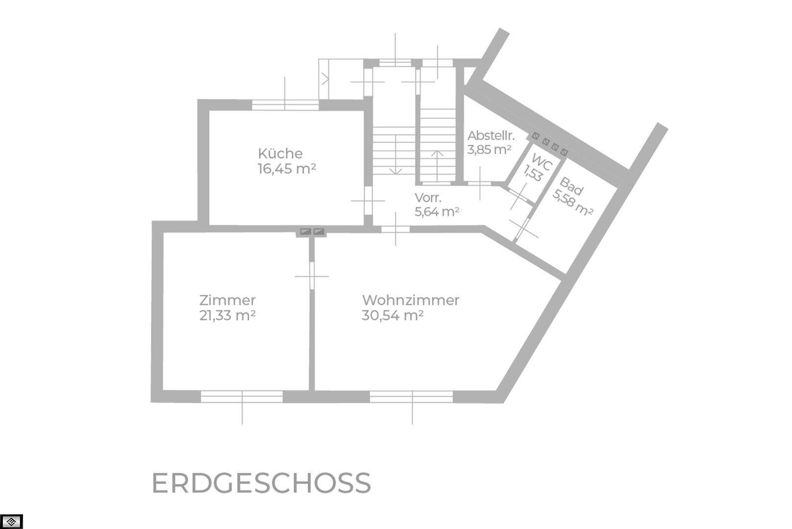 Grundriss des Erdgeschosses mit Küche, Wohnzimmer, Zimmer, Bad und WC.
