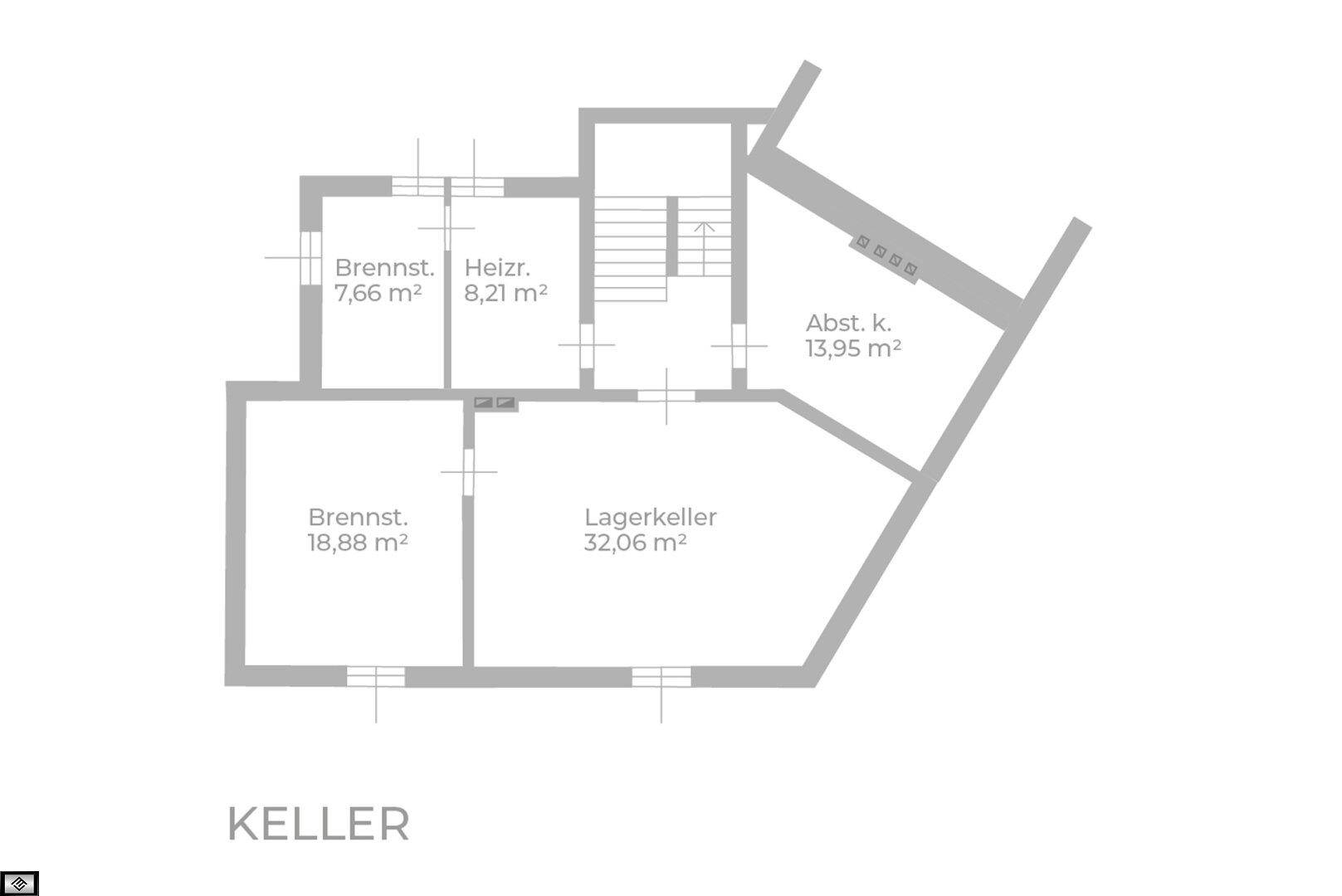 Grundriss des Kellers mit Lagerkeller, Heizraum und Brennstofflagerräumen.