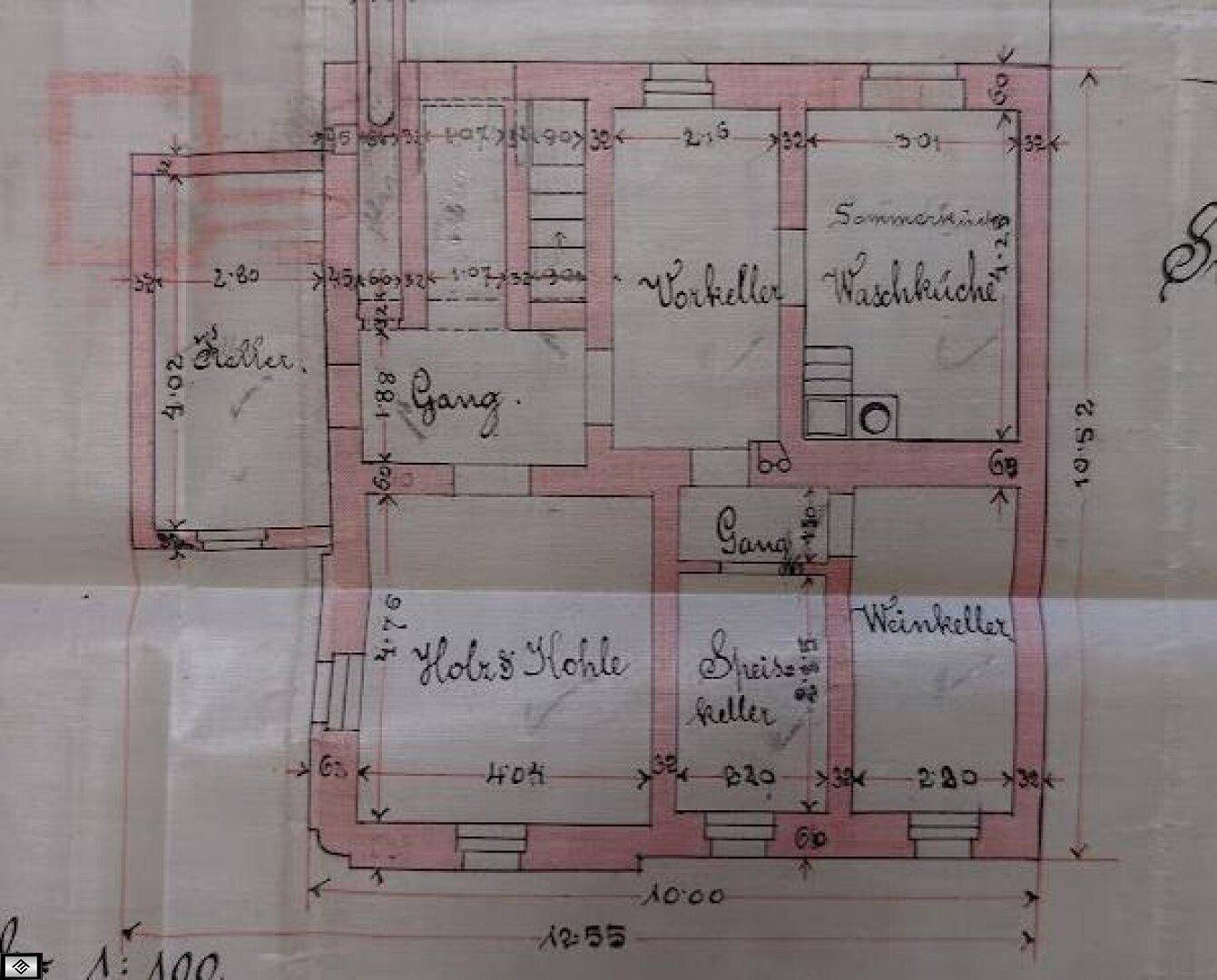 Historischer Grundriss des Kellergeschosses mit Waschküche, Holz- und Kohlelager sowie Weinkeller.