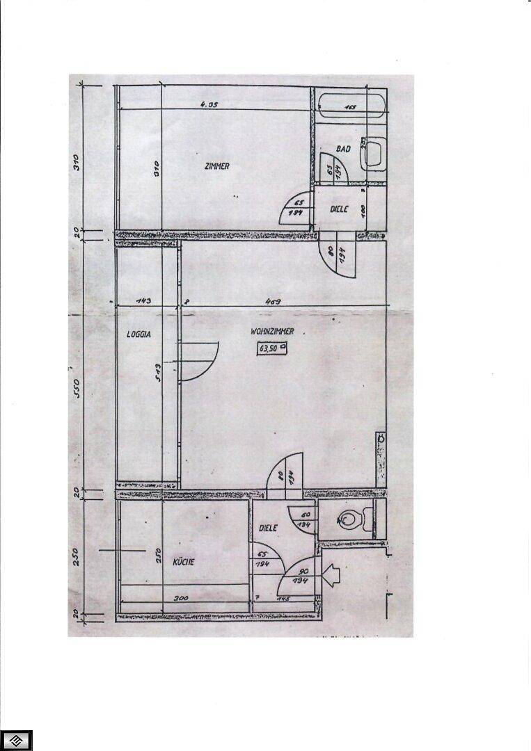 Grundrissplan der Wohnung mit Zimmern, Bad, Küche und Loggia.