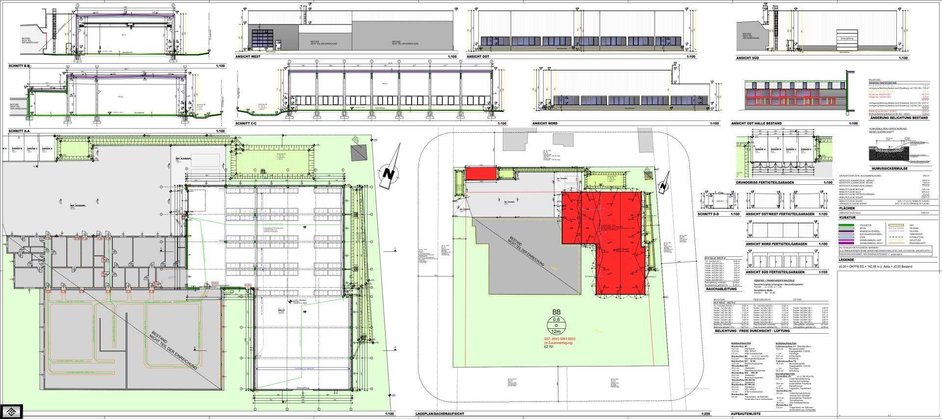 Detaillierter Gesamtplan des Industrieareals mit Grundrissen, Ansichten und Lageplan der Gebäude.