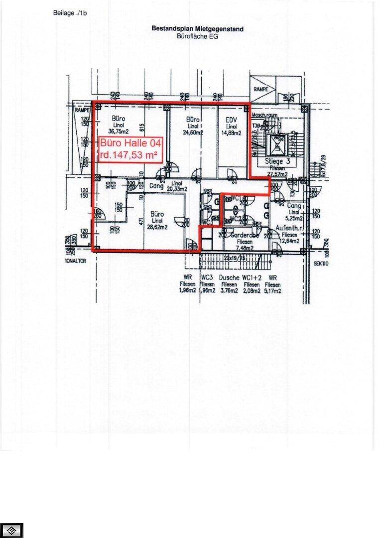 Grundriss der Bürofläche im Erdgeschoss, inklusive Halle 04, mit einer Fläche von 147,53 m².