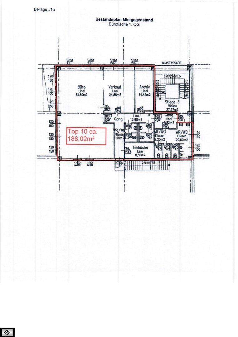 Grundriss der Bürofläche im ersten Obergeschoss mit einer Gesamtfläche von 188,02 m².