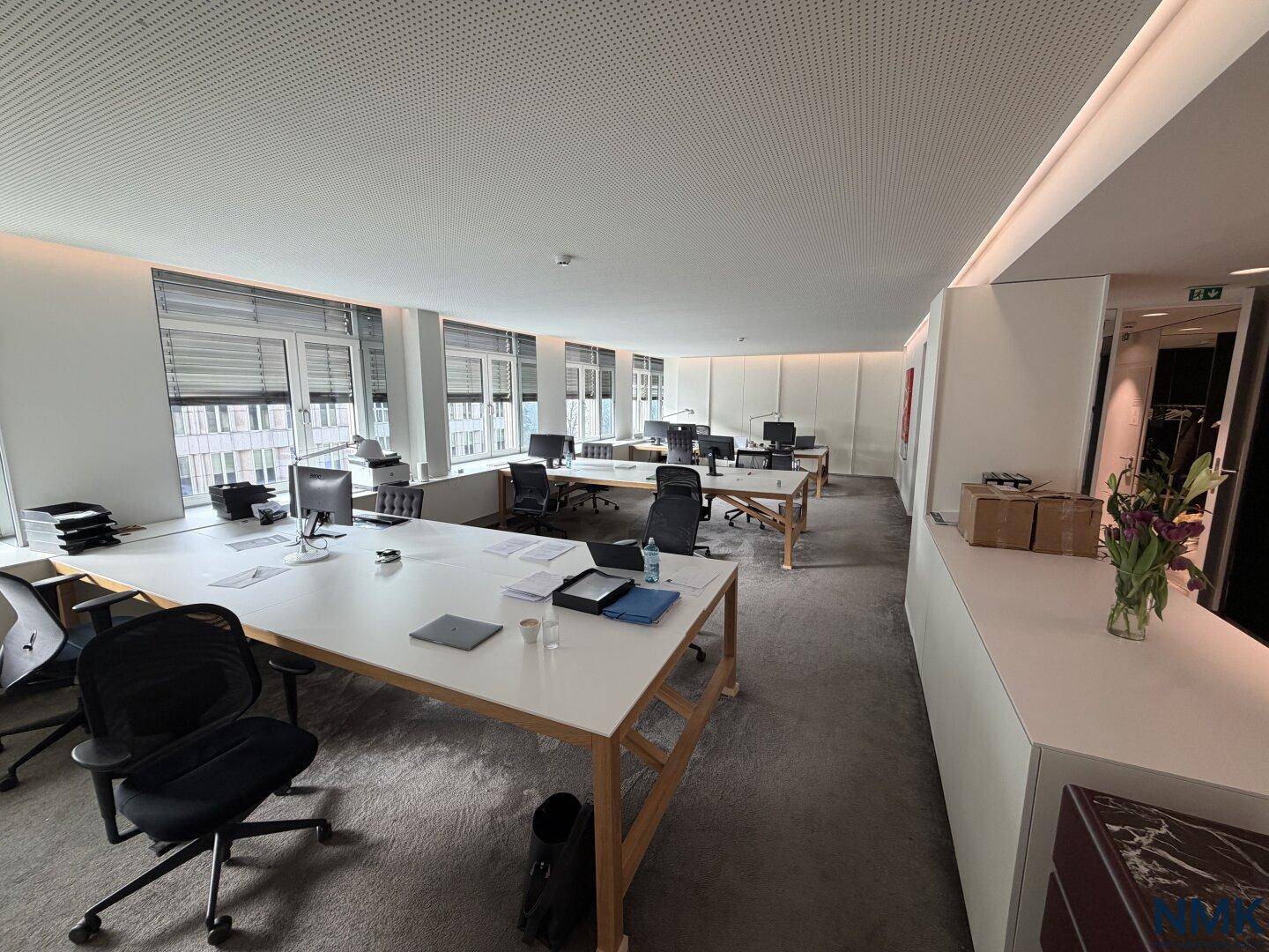 Großes offenes Büro mit mehreren Schreibtischen, ergonomischen Stühlen und viel Tageslicht.