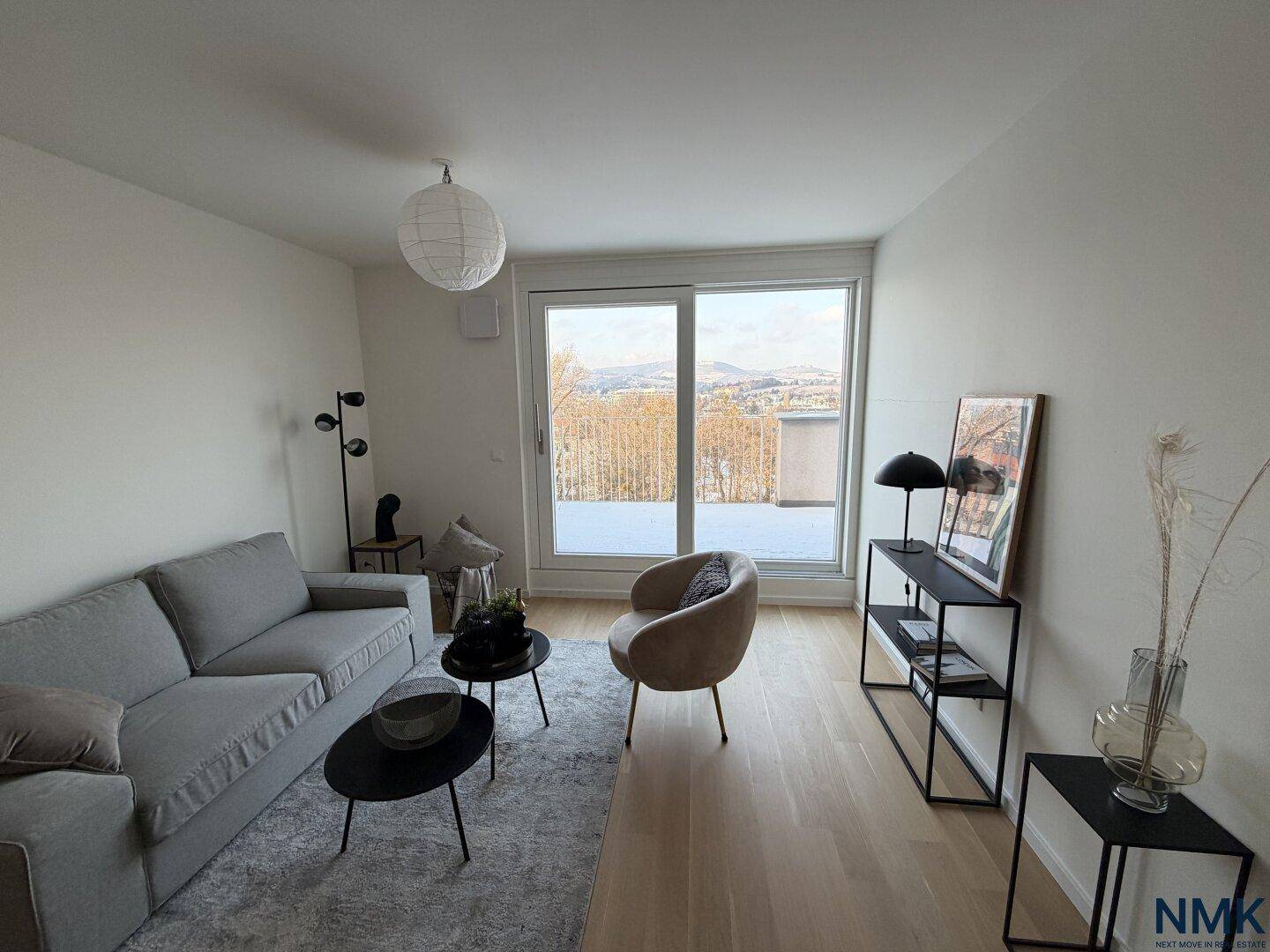 Heller Wohnbereich mit Sofa, Sessel und großen Fenstern mit Blick auf die Landschaft.