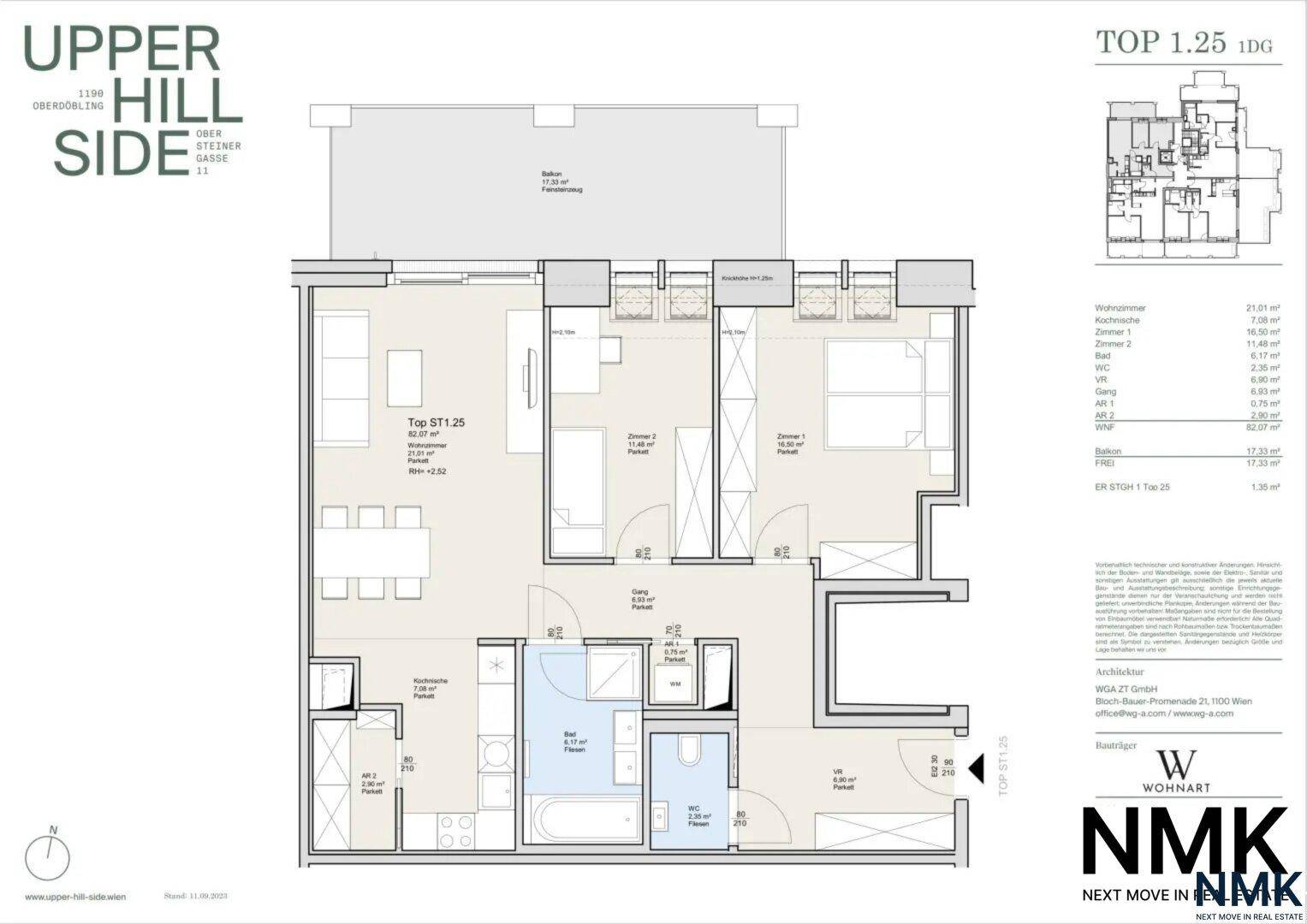 Detaillierter Grundriss einer Wohnung mit drei Zimmern und Balkon.