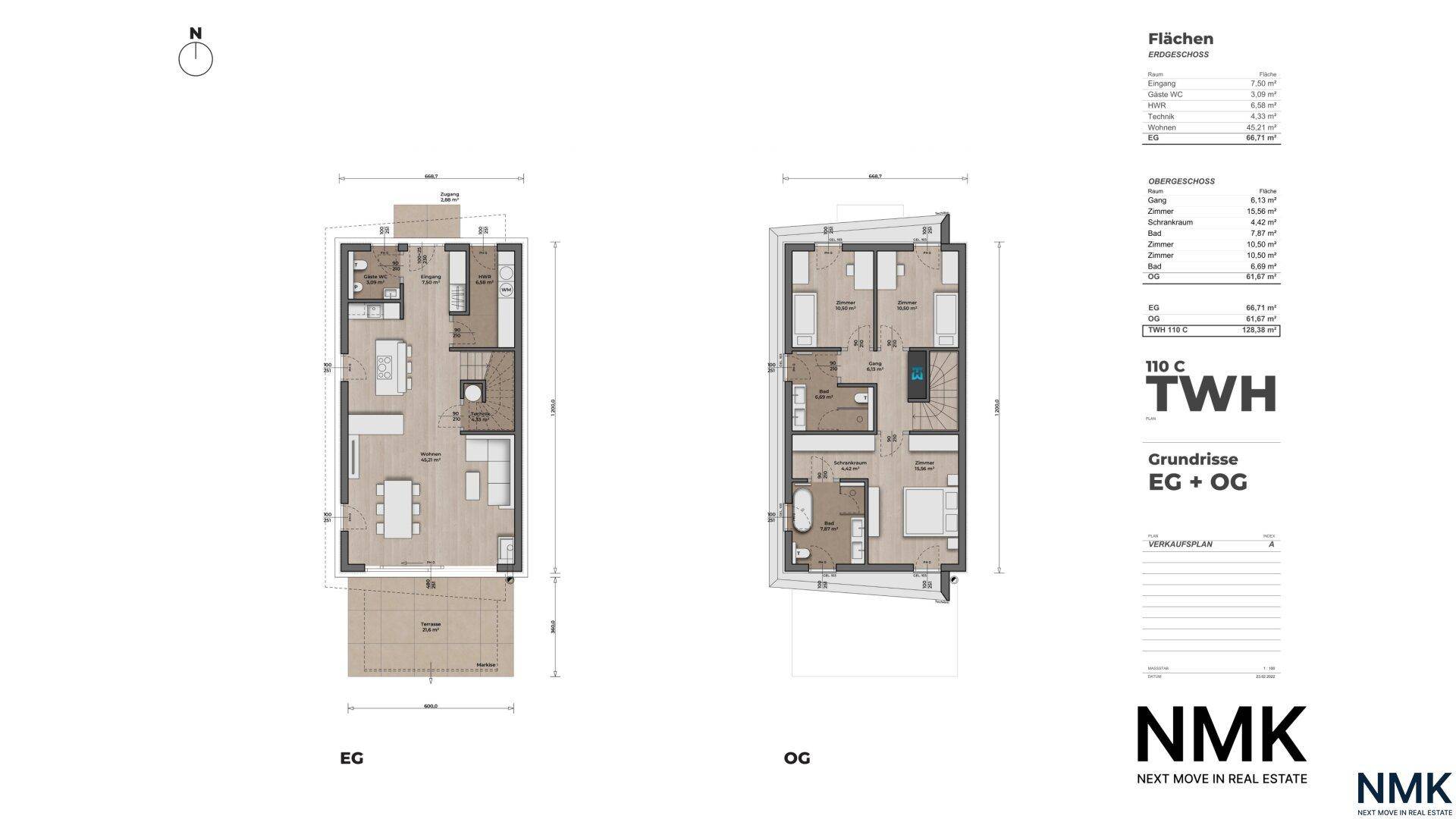 Grundrissplan eines Reihenhauses über zwei Etagen mit offenem Wohnbereich und Balkon.